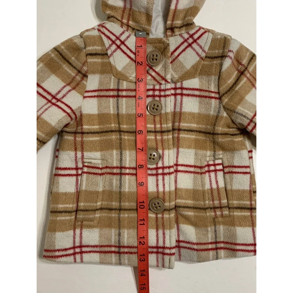 Old Navy VTG Pea Coat Plaid‎ Hooded Button Front Pockets Tan 6-12 months